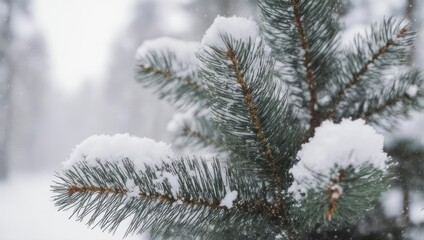Snow-covered evergreen branch in winter wonderland, close-up view.
