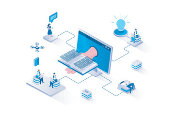 Online reading 3d isometric concept with isometry people design for web. Students reading e-books using computer, studying textbooks on laptops, working with digital archive. Vector illustration.