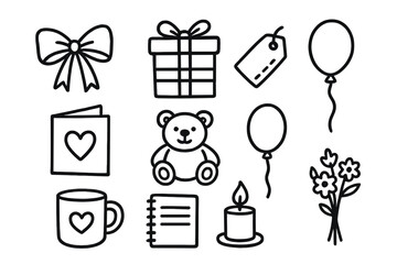 Gift Shop Icons. Gift shop doodle icon set: hand drawn icons of ribbon, box, tag, card, teddy bear, balloon, mug, notebook, candle