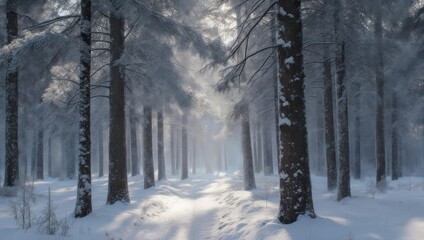 Snow-Covered Forest Path - A Winter Wonderland Scene.