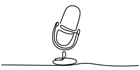 Elegant continuous line drawing of a vintage microphone with a single fluid stroke vector