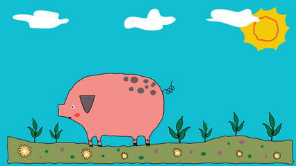 This charming hand-drawn sketch depicts a pig in a whimsical, childlike style. The simple lines and playful, naive look of the drawing convey the innocence and creativity of childhood.