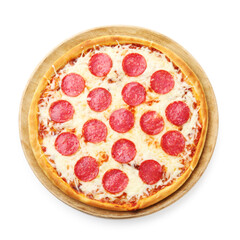 Delicious pepperoni pizza isolated on white, top view. Tasty fast food