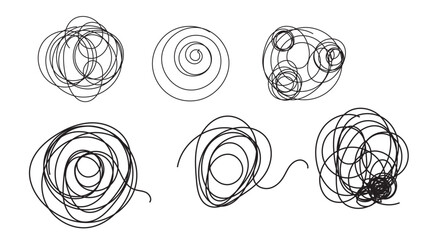 Black chaotic lines and scribbles showcase the concepts of chaos, confusion, and brainstorming, emphasizing the complexity and unorganized nature of thoughts and ideas on a white backdrop