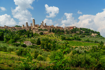 San Gimignano and Tuscan hills, olive groves, medieval towers, bright sky, summer landscape