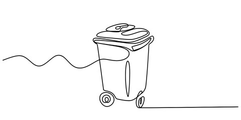Minimalist continuous line art drawing of a rolling trash can with a wavy trail vector