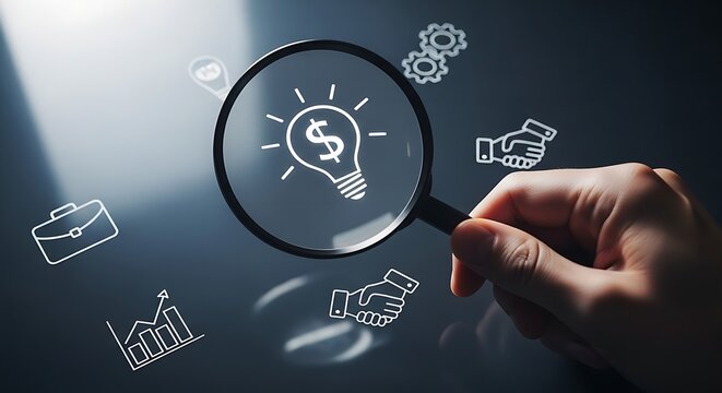 Hand holding magnifying glass over lightbulb with dollar sign on a dark surface with icons around it