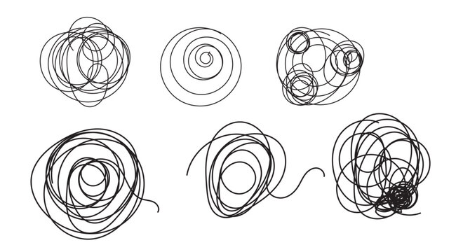 Black chaotic lines and scribbles showcase the concepts of chaos, confusion, and brainstorming, emphasizing the complexity and unorganized nature of thoughts and ideas on a white backdrop