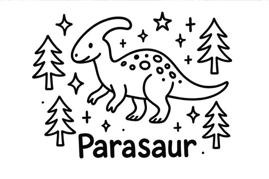 Parasaur Doodle Magic. Doodle parasaurolophus with stars, trees, and sparkles, center word &ldquo;Parasaur&rdquo; in black and white isolated