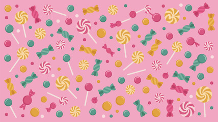 A pink background with lollipops hard candies and wrapped candies scattered across the surface area