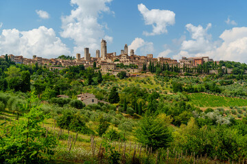 San Gimignano and Tuscan hills, olive groves, medieval towers, bright sky, summer landscape