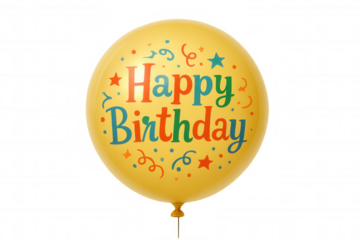 Yellow birthday balloon floating, wishing happy birthday, celebrating party event with colorful confetti and stars