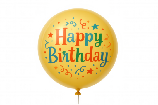 Yellow birthday balloon floating, wishing happy birthday, celebrating party event with colorful confetti and stars
