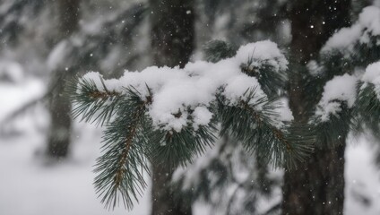 Snow-covered evergreen branch in winter wonderland, a serene winter scene.