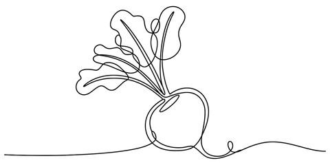 Minimalist continuous line art drawing of a root vegetable with green leaves vector