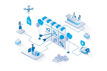 Naklejka na ściany i meble Shop loyalty program 3d isometric concept with isometry people design for web. Buyers making purchases and receiving bonuses and gifts from stores, smart shopping with discounts. Vector illustration.