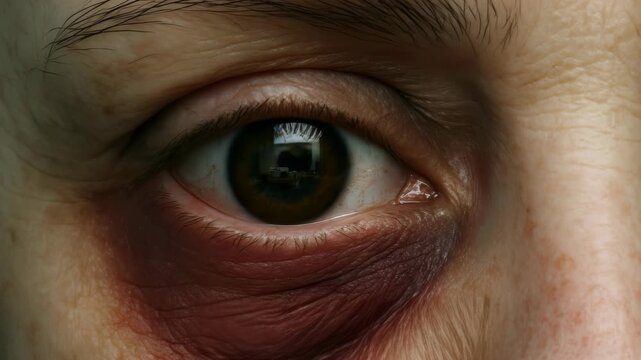 A close-up shows a person's eye with a severe black eye. The visible bruise suggests pain and potential injury.