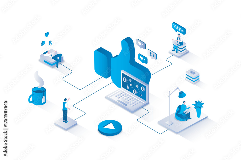 Poster social network 3d isometric concept with isometry people design for web. users browsing and chatting