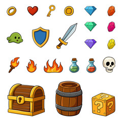 Retro Fantasy Objects Game Assets-Door, Skull, Trap, Potion, Gem