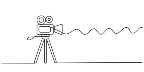 Minimalist continuous one line drawing of a vintage movie camera with wavy film strip vector