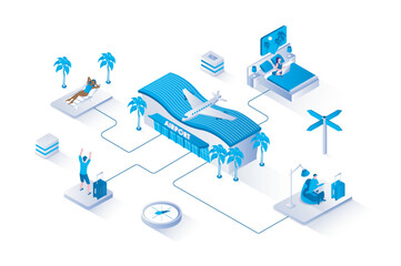 Fototapeta premium Travel vacation 3d isometric concept with isometry people design for web. Travelers with luggage waiting to boarding at airport, flying by plane on journey, relaxing at beach. Vector illustration.