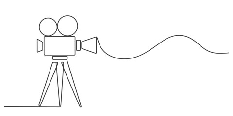 Continuous line drawing of a vintage film camera on a tripod with wavy motion trail vector