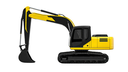 Fototapeta premium Yellow and black excavator side view, heavy construction equipment with large bucket, tracked vehicle for digging, industrial machinery used at building sites, isolated on transparency background