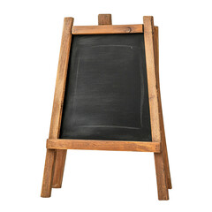 Rustic wooden a-frame chalkboard easel for displaying messages menus or art on a black studio backdrop isolated on transparent background