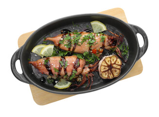 Tasty cooked squids with lemon, sauce and garlic isolated on white, top view
