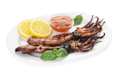 Tasty cooked squids with lemon, sauce and basil isolated on white