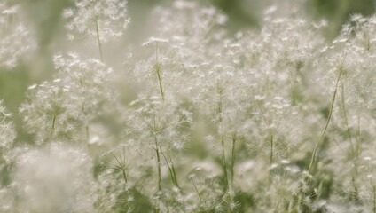 Soft focus, field of delicate white wildflowers bathed in diffused sunlight