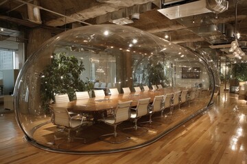 Modern office interior featuring an innovative transparent meeting pod with a long wooden table