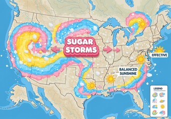 Naklejka premium A map of the united states showing sugar storms and balanced sunshine with colorful swirling clouds representing candy and sweet treats