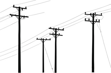 Silhouette of four utility poles with power lines, crossarms, insulators, transformers, electricity distribution, urban infrastructure, industrial design, rural communication network