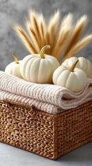 Obraz premium A warm display showcases a pumpkin, lush dried flowers, and elegant white vases, adding charm to a rustic wooden table