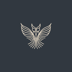 Obraz premium Stylized, simplified outline of an owl with wings outstretched on a dark background