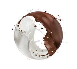 Dynamic swirl of milk and chocolate splashes creating circular motion on transparent background. Generative AI
