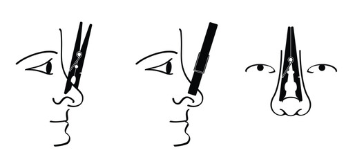 Cartoon clothespin or clothespeg on your nose and face. Sometimes people put a clothespin on their nose to block out or avoid bad odors in a smelly environment.