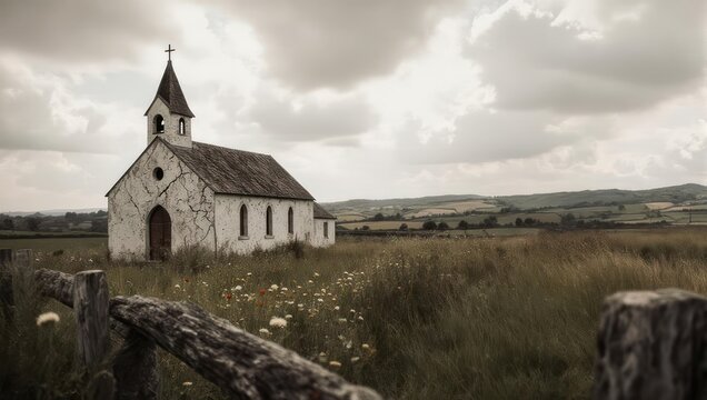 Small weathered church sits amid a grassy field under a cloudy sky. Rustic fence in foreground