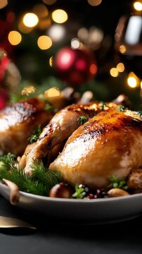 Delicious golden roast goose served in a elegant white baking dish, cooked with chestnuts, onions, and fragrant rosemary, making for a perfect festive feast set against a black background