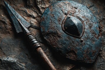 Obraz premium Rusted ancient shield and spearhead on a textured rock surface creating a historical ambiance