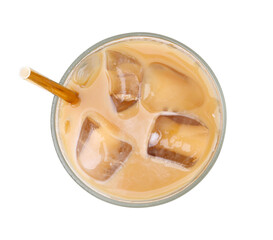 Tasty iced coffee in glass isolated on white, top view