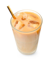 Tasty iced coffee in glass isolated on white