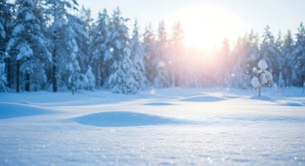 Snowy Winter Landscape with Pine Trees and Radiant Light