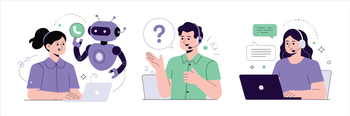 Vector art of customer service, call center, support concept operator in headset advises client, online assistant vector illustration