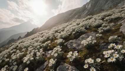Sloping mountainside blanketed in white flowers under a bright, hazy sun
