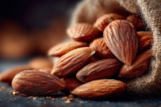 Almond nuts spilling from a rustic jute bag, representing healthy nutrition and snack food