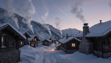 Snow-covered village nestled in valley with smoke billowing from chimneys at dusk