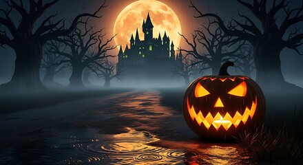 Halloween Pumpkin Castle on Foggy Road under Orange Moon