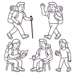 Isolated separated layered lineart outline of happy hikers with backpack walking and sitting
